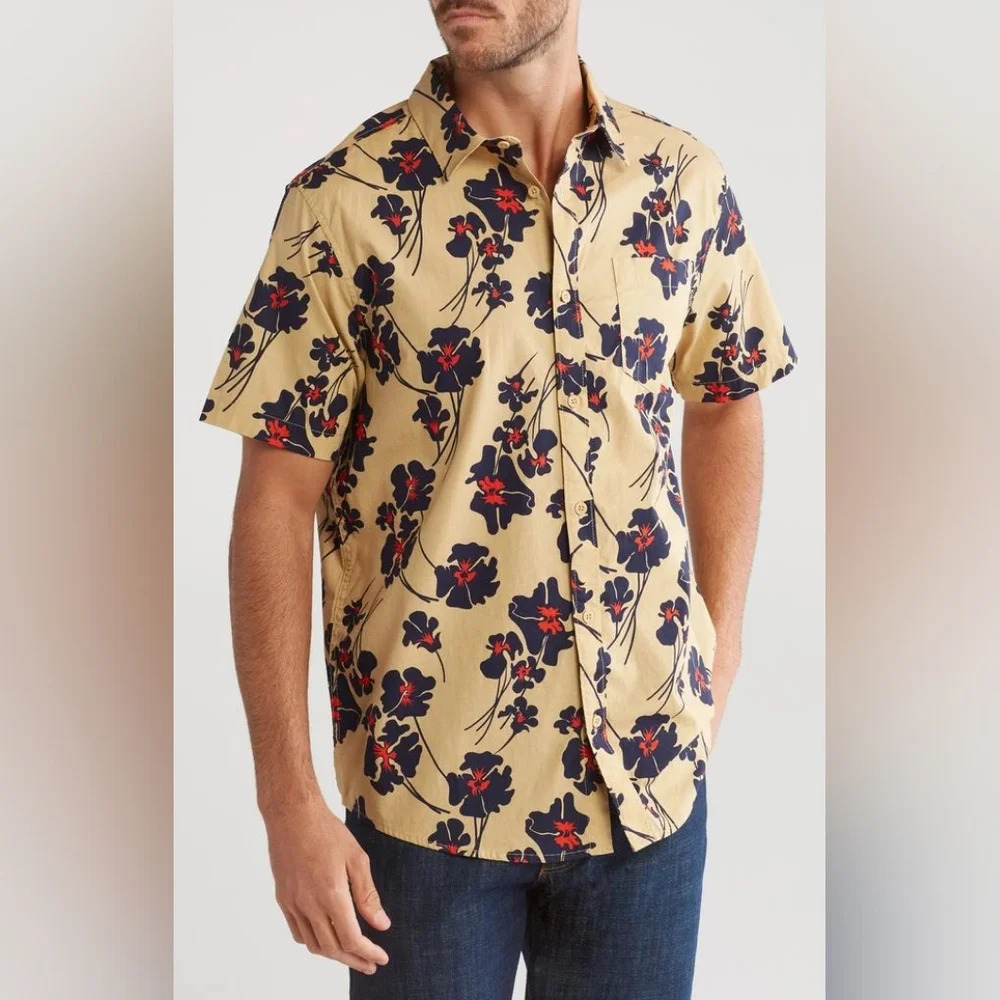 Hurley Men's Short Sleeve Woven Patio Shirt Size M Maple‎ Cream Floral NWT